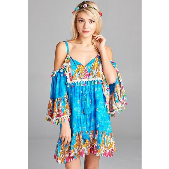 Lulu AZ Velzera Turquoise Cold Shoulder Boho Dress - Picture 2 of 4